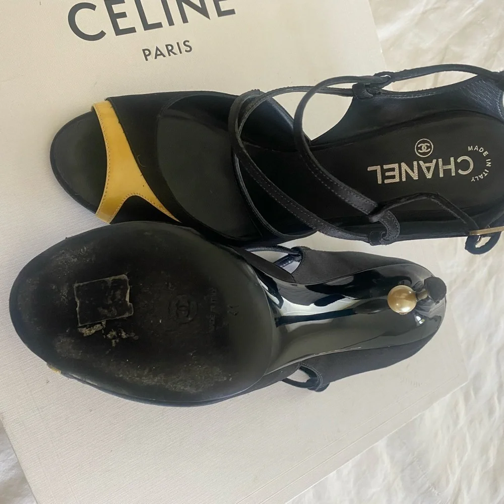 Authentic CHANEL Pearl Heel Strappy Sandals - Black & Yellow - Size 41